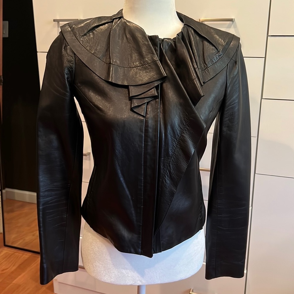 Diane Von Furstenberg leather jacket with ruffle detail